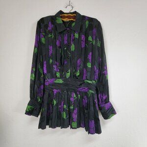 Vintage Julie Francis Floral Pleated Blouse Top Button-Up Silk Women’s Size 14